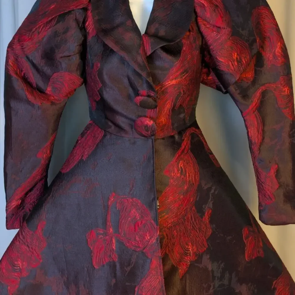 Vintage 80s Issabeau Girls Brocade Party Coat Dress Red Black Jacquard Fit Flare
